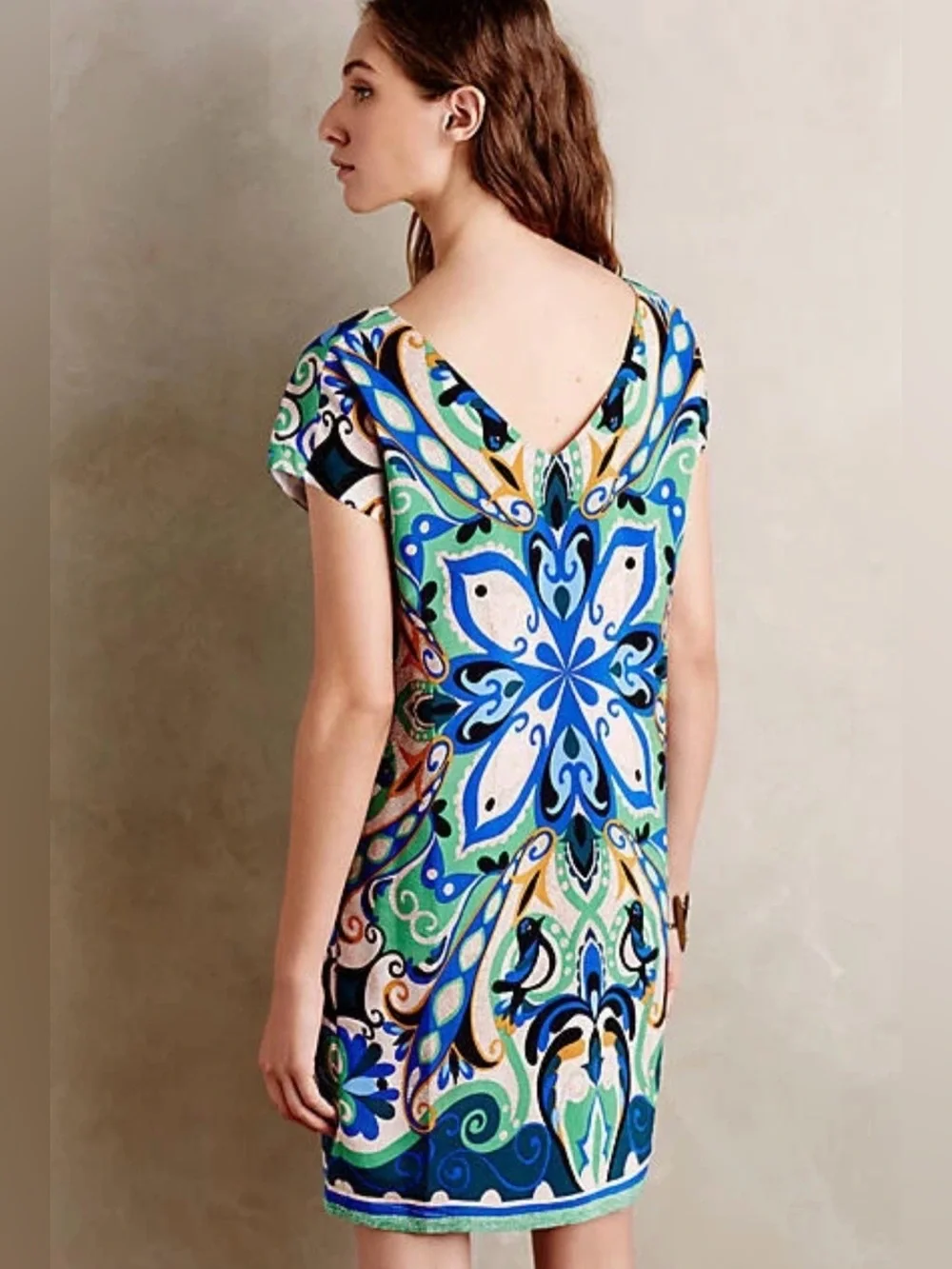 Anthropologie Maeve Folksong Green Blue Multi Paisley V-Neck Shift Dress EUC XS